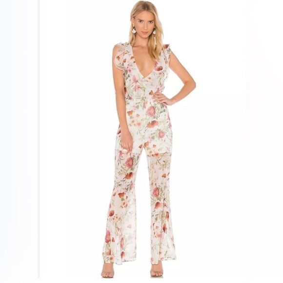 Floral V-Neck Wide Leg Jumpsuit Boho Spring Wedding Guest - Picture 1 of 11